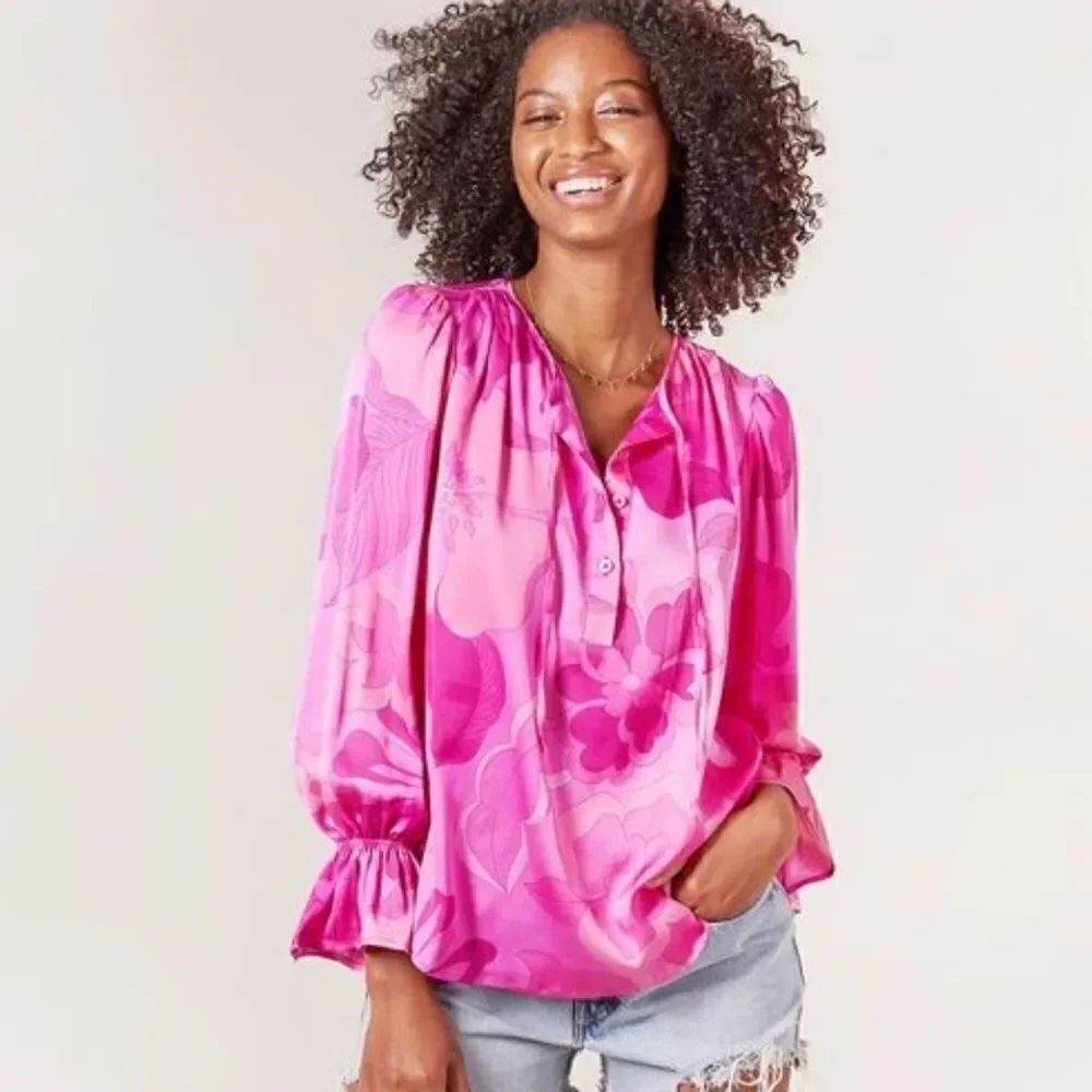 Tucker Juliette Blouse Taffy Monochrome Retro Floral in Silk Stretch Charmeuse
